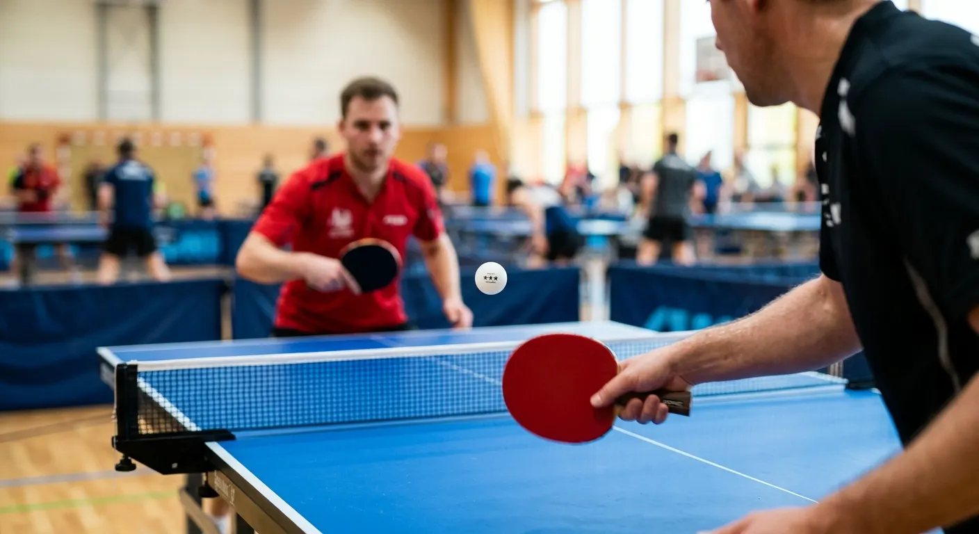Orange and white 3-star table tennis balls in a basket next to a regulation table