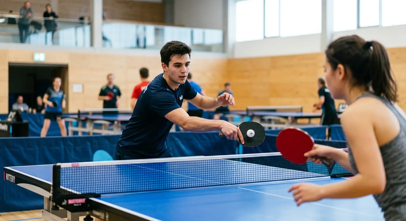 Table tennis player preparing to execute a forehand loop with a performance paddle