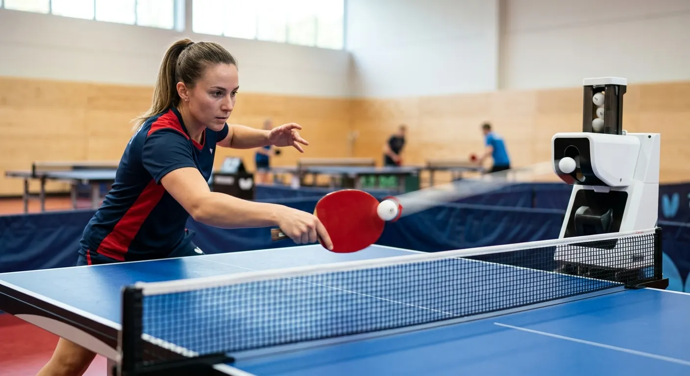 Table tennis robot mounted on a full-size table firing balls across the net