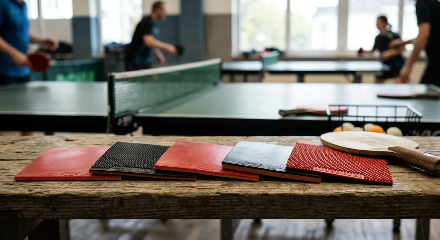 Table tennis rubber sheets in different colors laid out on a blade